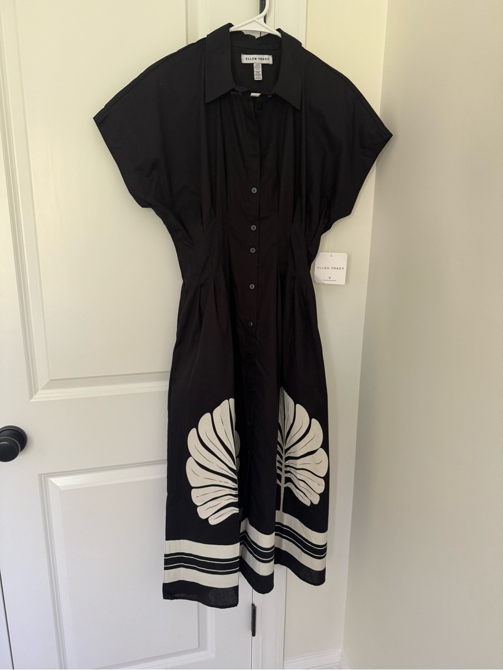 Ellen Tracy Black Midi Shirt Dress with Cream Botanical Hem XS-NWT